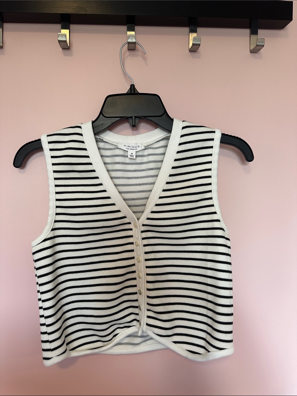 Knit Striped Button-Front Crop Vest — Black & White